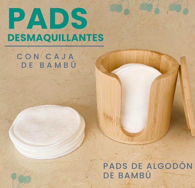 CV Pads limpieza facial + caja bambu + funda reutilizables